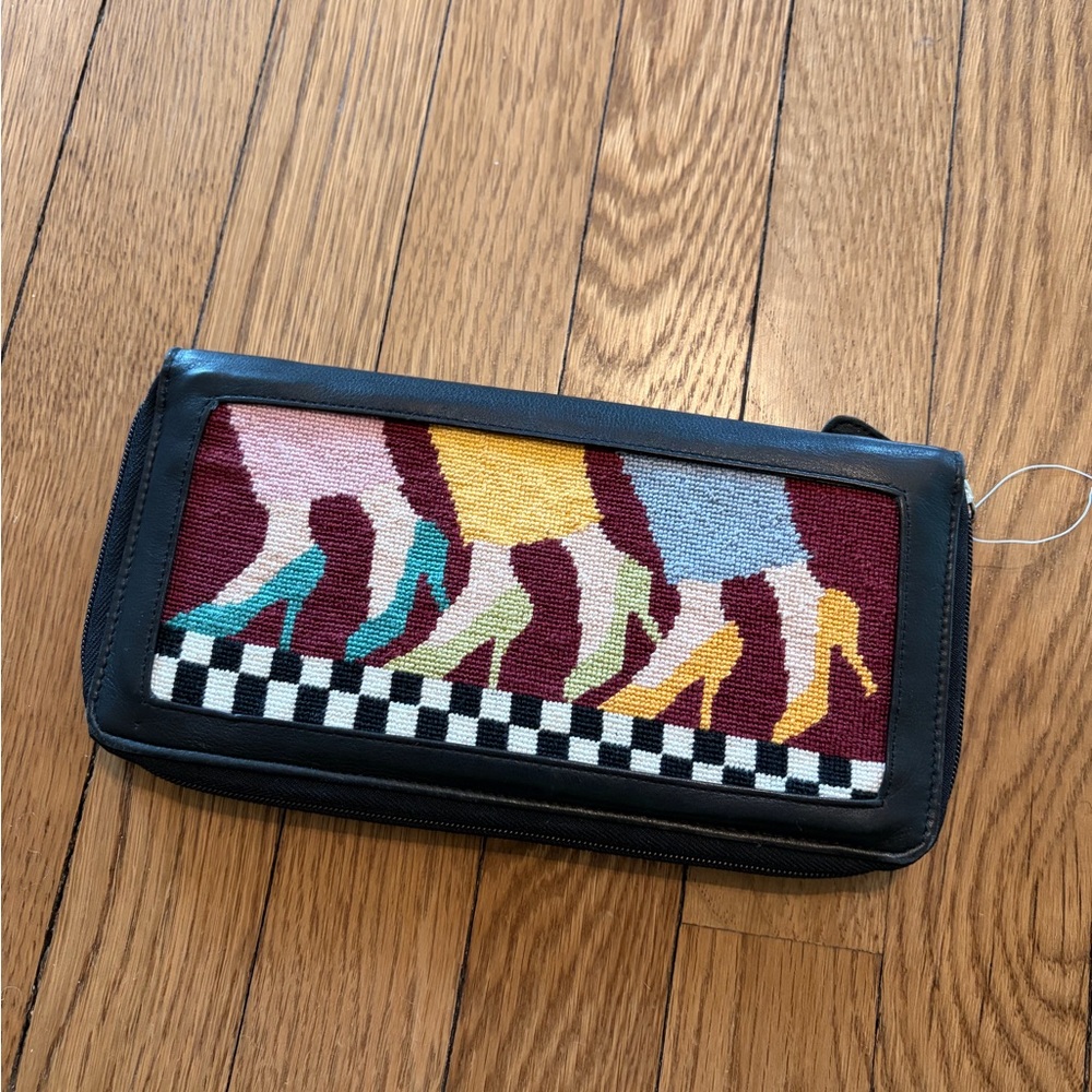 Colorful High Heel Needlepoint and Leather Wallet
